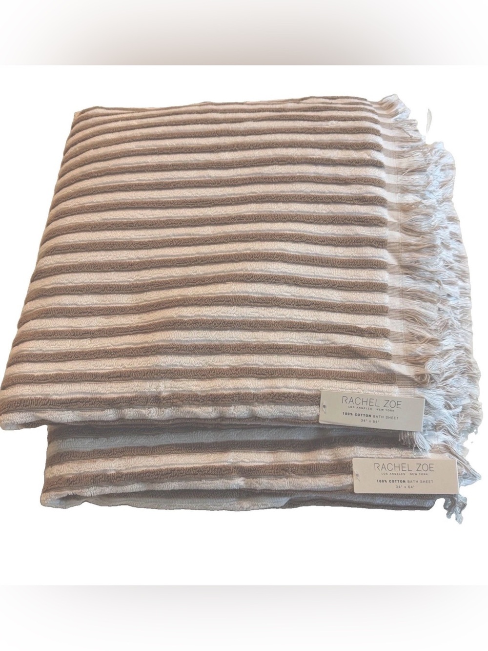 2 Rachel Zoe Bath Sheet Set 34” x 64” Tan White Striped Fringe Cotton Towels 2